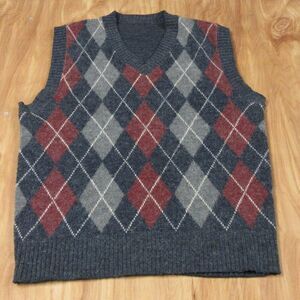 VINTAGE Argyle Sweater Vest Mens Size M/L Blue Grey Red V Neck Preppy Gillet